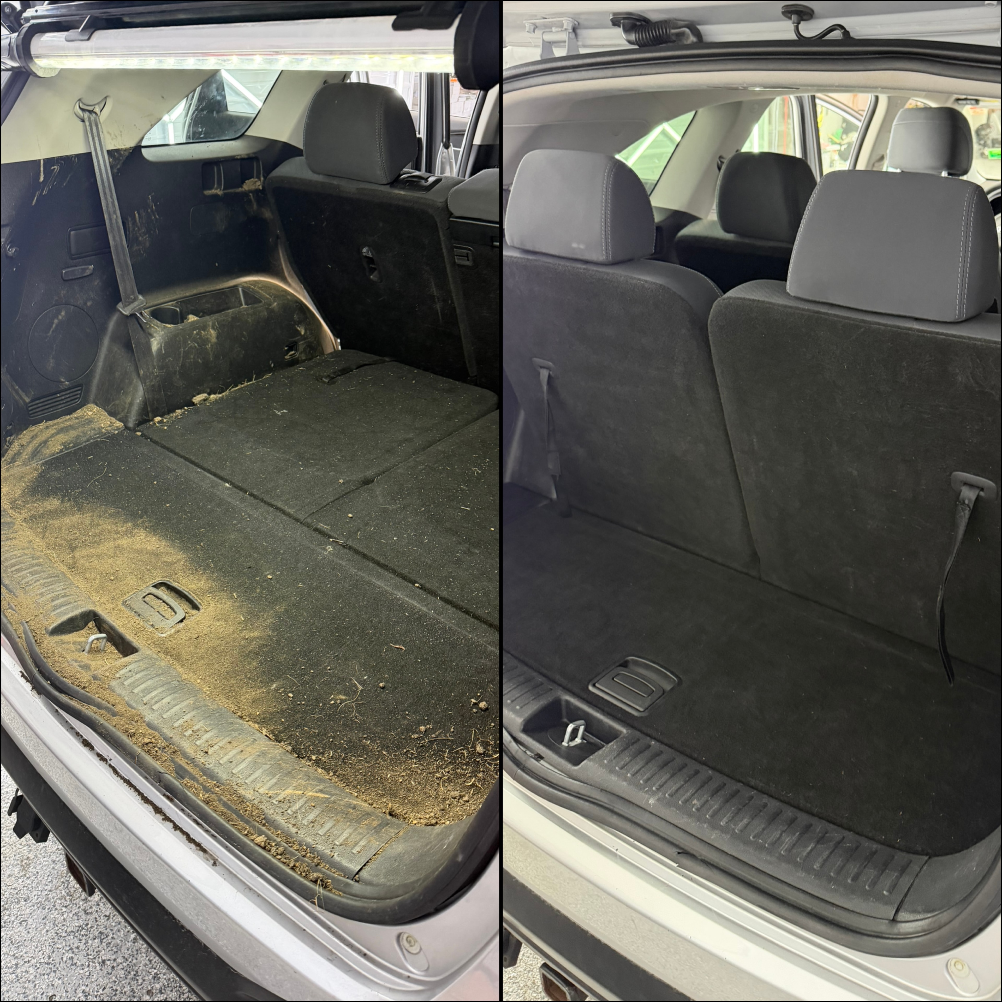 SUV cargo area before and after interior detailing — sand and debris removed