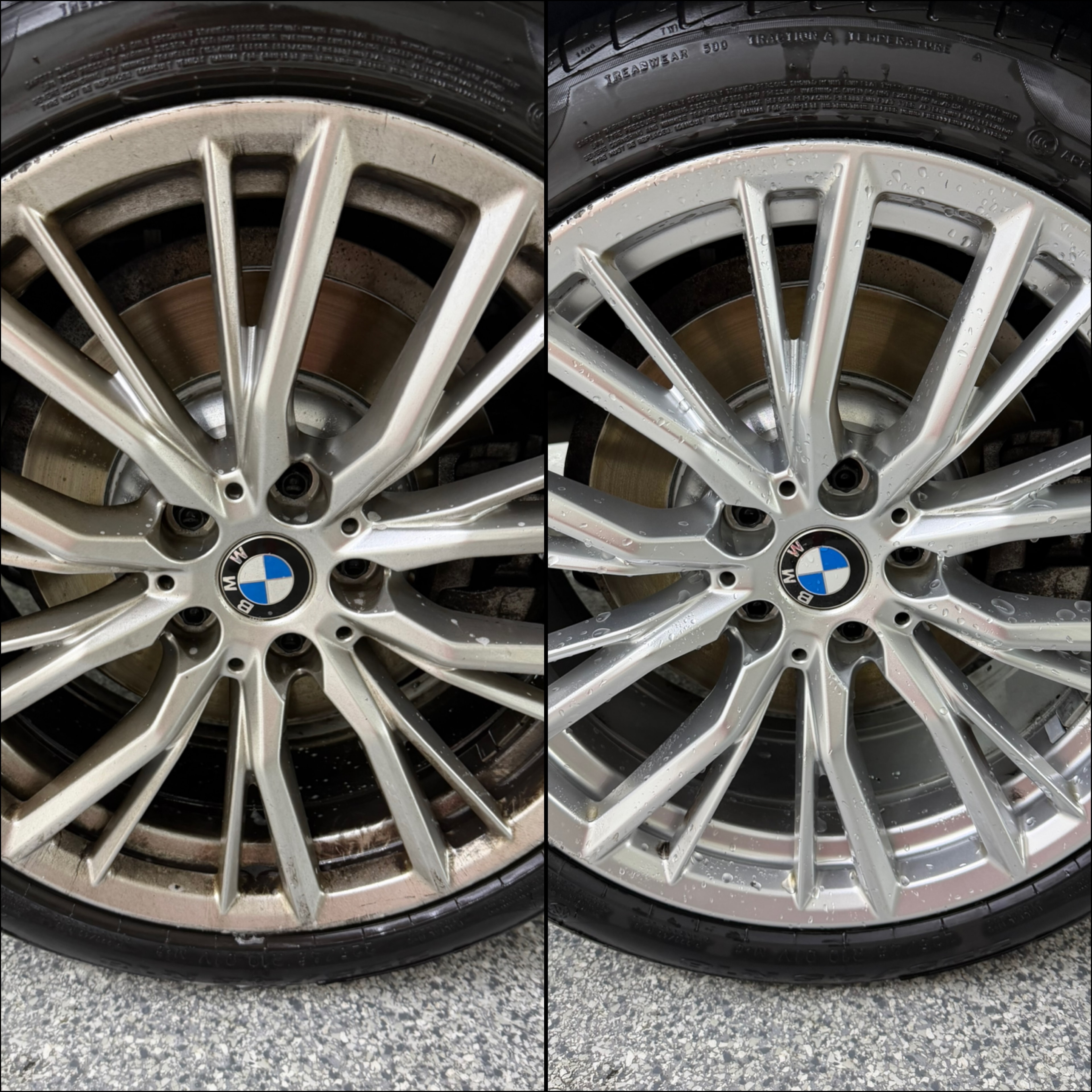 BMW wheel before and after detailing — brake dust removed