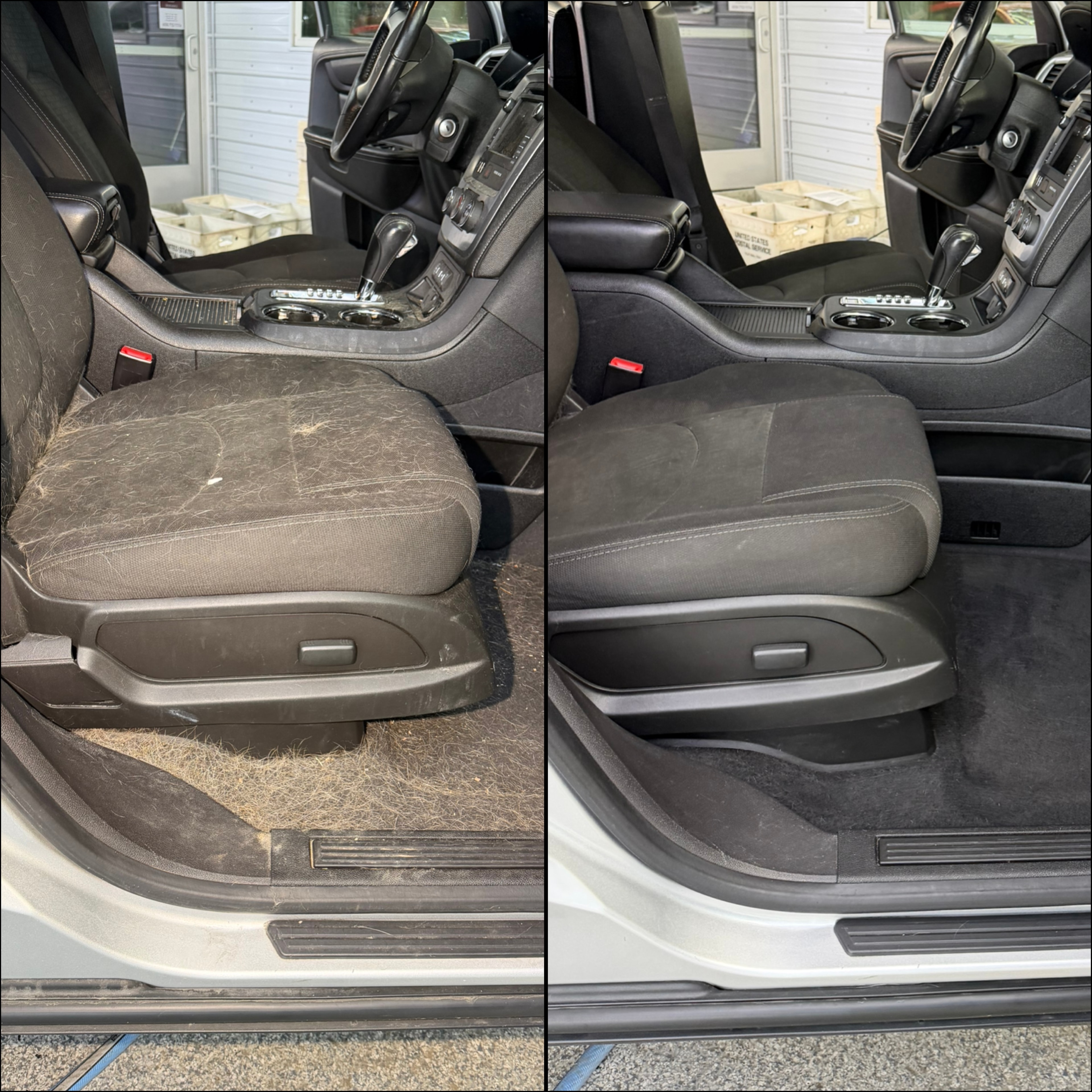 Interior before and after Diamond detail — pet hair and debris fully removed at Four Seasons Auto